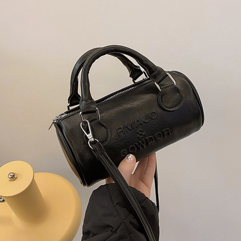 Damen Retro PU Leder Boston Tasche Minimalistisch Geprägte Buchstaben Zylindertasche Mit Verstellbarem Schultergurt Alltag Umhängetasche