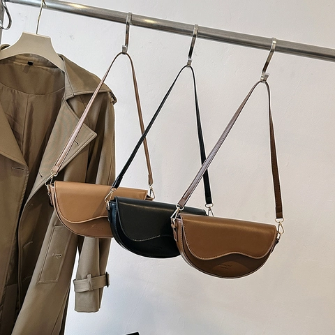 Women Vintage PU Leather Saddle Bag Retro Wave Edge Flap Crossbody Shoulder Purse With Two Detachable Straps