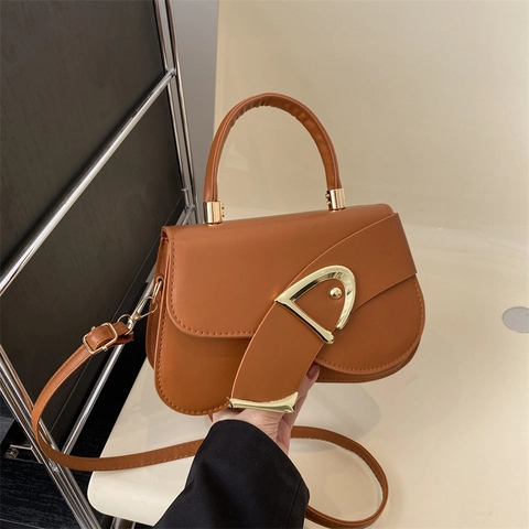 Sac à Épaule en Cuir PU de Selle pour Femme Vintage Boucle en D Métallique Sac Bandoulière Navettage Sac à Main Décontracté Sac Carré Tendance