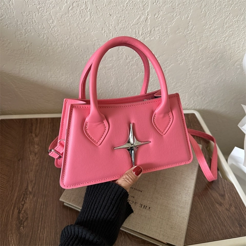 Damen Mode PU Leder Handtasche Mit Metall Stern Dekor Einfache Pendler Schulter Umhängetasche Verstellbarer Gurt