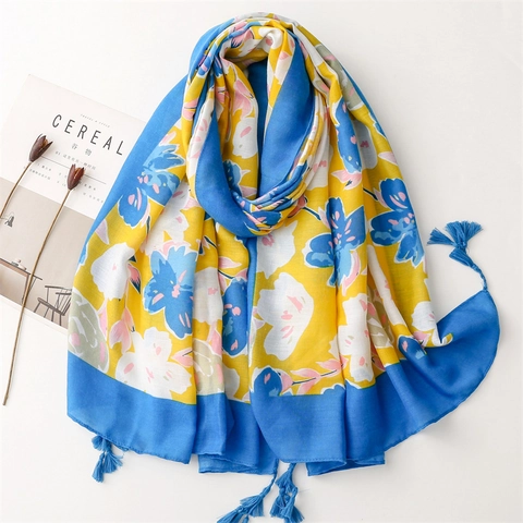 Sjaal Sjaal Met Bloemenprint En Kwastjes Contrastkleur Geel Blauw Zonbescherming Zomer Strand Reizen Polyester Vrouwen Chic