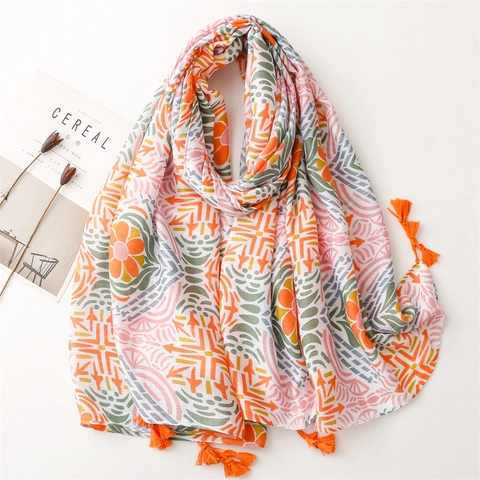 Florale Geometrische Sjaal Omslagdoek Polyester Satijn Katoen Mix Kwast Boheemse Stijl Lichte Zonbescherming Dames