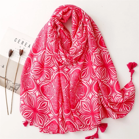 Sciarpa Scialle Da Donna Bohemien Stampa Floreale Geometrica Poliestere Effetto Cotone Lino Con Nappe Stile Etnico Grande