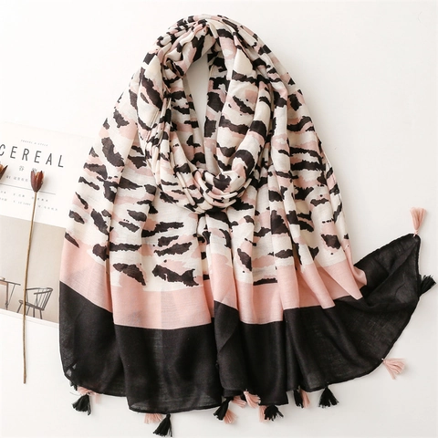 Women Fashion Scarf Shawl Leopard Zebra Print Color Block Tassels Soft Cotton Linen Feel Polyester Elegant Long Wrap