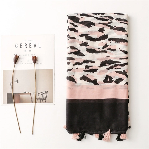Women Fashion Scarf Shawl Leopard Zebra Print Color Block Tassels Soft Cotton Linen Feel Polyester Elegant Long Wrap