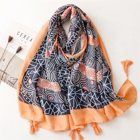 Écharpe Châle Pour Femmes Coton Lin Polyester Imprimé Géométrique Ethnique Frange Pompon Bohème Exotique Plage Protection Solaire