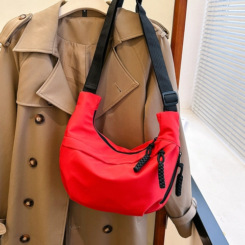 Women Nylon Crescent Hobo Bag Solid Color Large Capacity Crossbody Shoulder Bag With Adjustable Strap Braided Zipper Puller