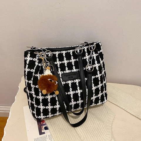 Sac Fourre-tout en Tweed à Carreaux pour Femmes Grande Capacité Style Coréen Sac à Bandoulière Avec Pendentif