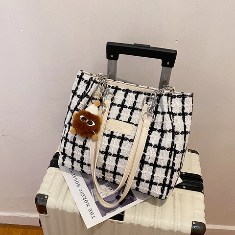 Sac Fourre-tout en Tweed à Carreaux pour Femmes Grande Capacité Style Coréen Sac à Bandoulière Avec Pendentif