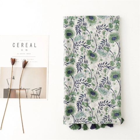 Women Green Floral Scarf Shawl Lightweight Voile Tassel Sun Protection Beach Wrap Elegant Retro Travel Accessory