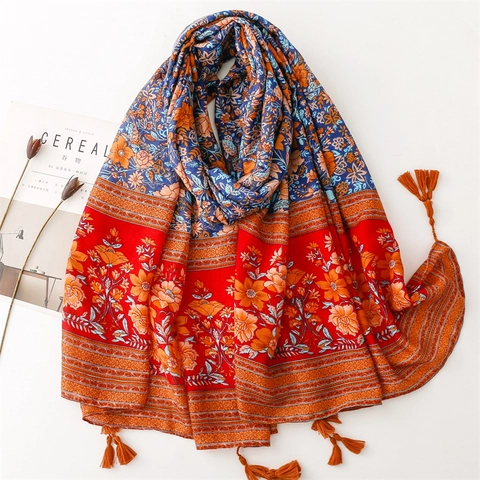 Sciarpa Bohemian Stampa Etnica Grande Effetto Cotone Lino Avvolgente Protezione Solare Per Viaggi Vacanza Donna Pashmina Con Nappine Decorative