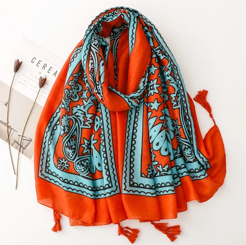 Bohemian Ethnic Print Shawl For Women Paisley Pattern Orange Blue Polyester Scarf With Tassels Lightweight Sun Protection Beach Travel Pashmina Wrap