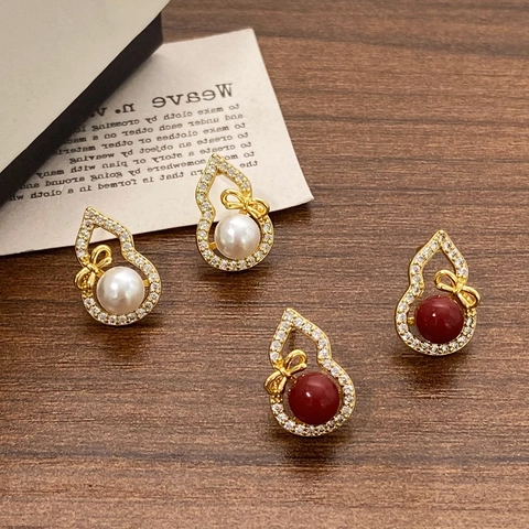 Boucles D Oreilles Gourde Cuivre Plaquage Or 18K Künstliche Perle Strass Nœud Chic Style Chinois Bijoux Vintage Pour Femmes