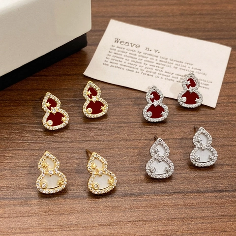 Boucles D'oreilles Puces Calebasse Cuivre Avec Zircon Et Incrustation De Coquillage Style Chinois Élégant Bijoux Vintage Femmes