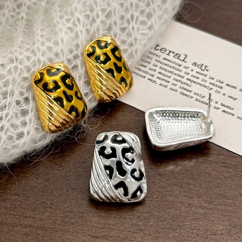 Orecchini A Lobo Con Stampa Leopardata Rettangolari Geometrici In Rame Placcato Oro Con Perno In Argento Sterling 925 Vintage Da Donna