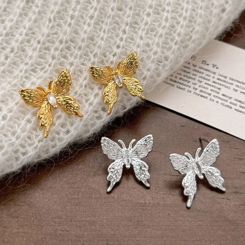 Boucles D Oreilles Papillon Zircon Cuivre Plaqué Or 18K Avec Tige En Argent Sterling 925 Pour Femmes Élégant