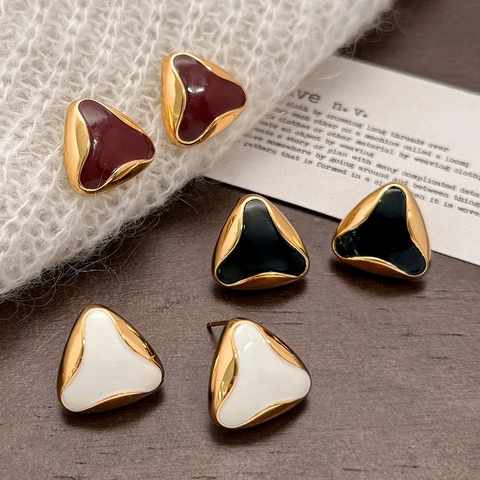 Geometric Triangle Stud Earrings With 925 Sterling Silver Earring Post Gold Plated Enamel Minimalist Vintage For Women