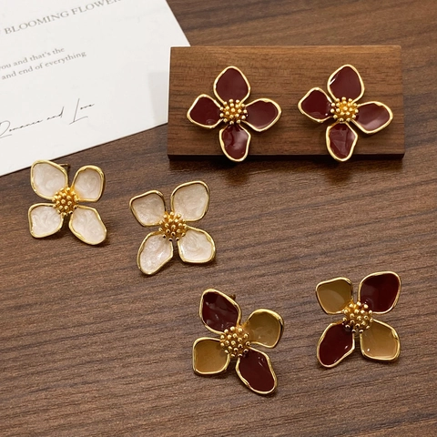 Blumen Ohrstecker Mit Vier Blütenblättern Emaille 18K Vergoldetes Kupfer Mit 925 Sterling Silver Earring Post Damen