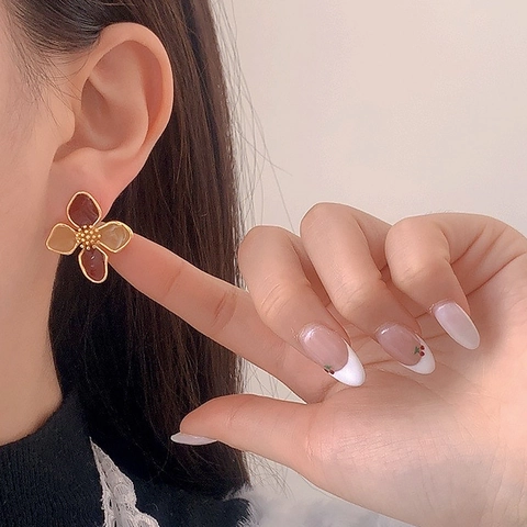 Blumen Ohrstecker Mit Vier Blütenblättern Emaille 18K Vergoldetes Kupfer Mit 925 Sterling Silver Earring Post Damen