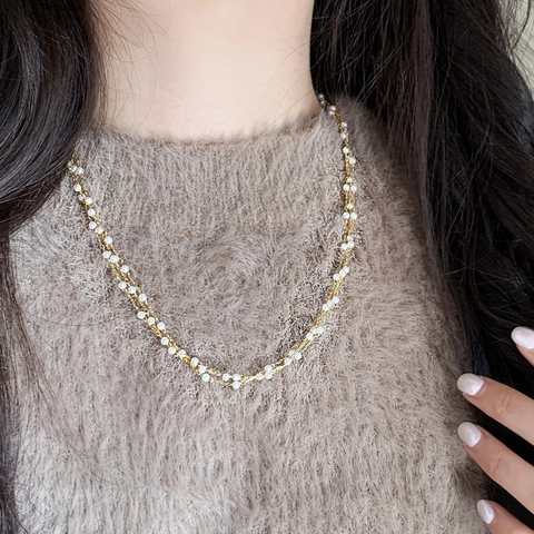 Multi Layer Necklace With Copper Gold Plated Chain And White Imitation Artificial Pearls Elegant French Vintage Jewelry For Women