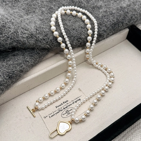 Doppelschichtige Künstliche Perlenkette Kupfer Vergoldet Muschel Herz Anhänger Knebelverschluss Französisch Vintage Elegant Schmuck Damen