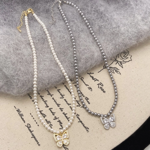 Collar Con Colgante De Mariposa Y Lazo Cobre Con Circón E Imitación De Perla Artificial Estilo Retro Francés Elegante Para Mujer