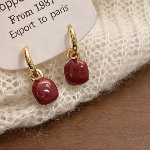 Hoop Drop Earrings Dark Red Square Enamel Copper With 925 Sterling Silver Earring Post Retro Geometric For Women