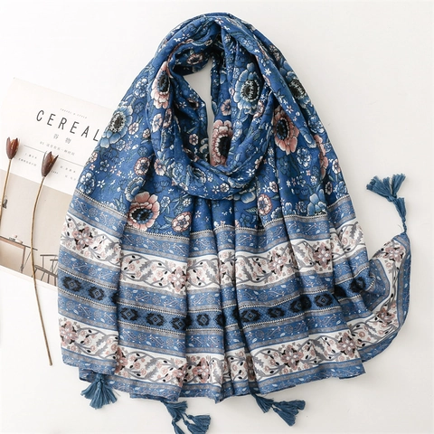 Sciarpa Con Stampa Floreale Etnica Bohémien Blu Motivo Porcellana Retrò Con Nappine Scialle Leggero Sensazione Cotone Lino Donna