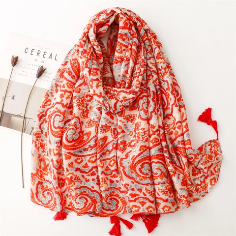 Sciarpa Vintage Con Motivo Paisley e Nappe Stile Etnico Leggero Protezione Solare Scialle da Spiaggia Donna Estate