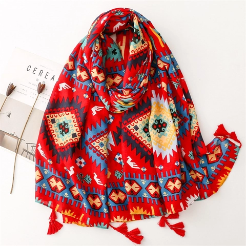 Bohemian Ethnic Shawl Scarf Large Retro Geometric Print Sun Protection Tassel Polyester Wrap For Women