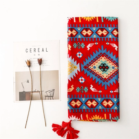 Bohemian Ethnic Shawl Scarf Large Retro Geometric Print Sun Protection Tassel Polyester Wrap For Women