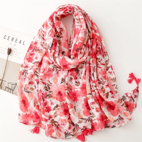 Écharpe À Imprimé Fleuri Pour Femmes Légère Respirante Polyester Fil Flamé Châle Enveloppant Avec Franges Élégant Plage