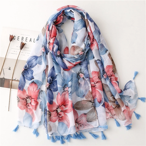 Grand Foulard Imprimé Floral Châle Polyester Toucher Coton Lin Solaire Léger Élégant Franges Glands Femmes Plage