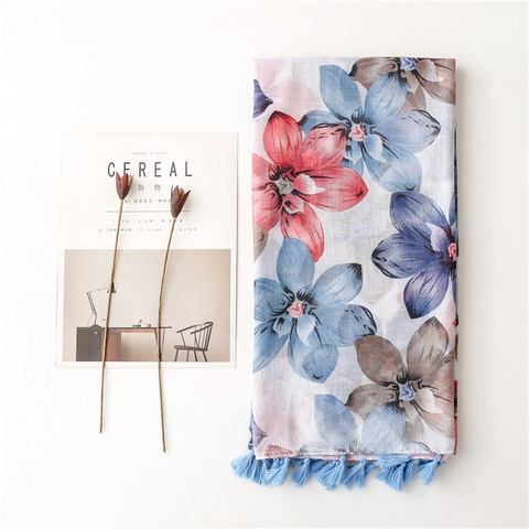 Grand Foulard Imprimé Floral Châle Polyester Toucher Coton Lin Solaire Léger Élégant Franges Glands Femmes Plage