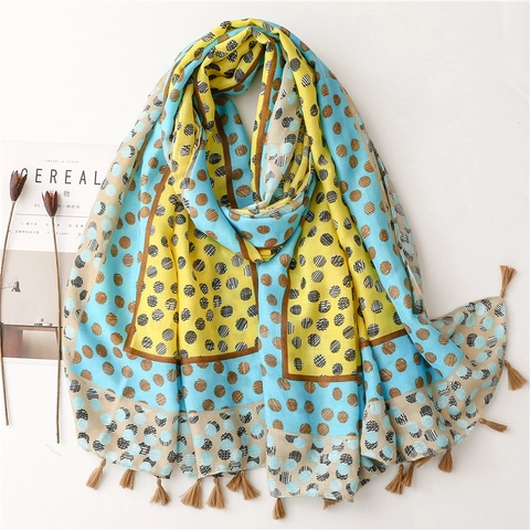 Polka Dot Lange Sjaal Omslagdoek Polyester Voile Kleurblok Kwastje Franje Licht Ademend Elegant Veelzijdig Chic Vrouwen