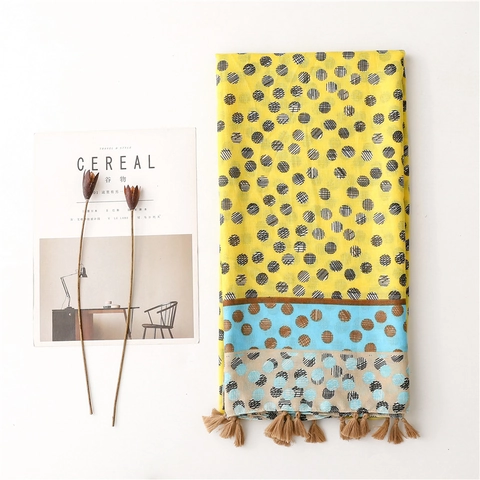 Polka Dot Lange Sjaal Omslagdoek Polyester Voile Kleurblok Kwastje Franje Licht Ademend Elegant Veelzijdig Chic Vrouwen