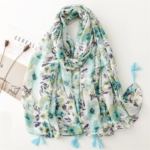 Écharpe À Imprimé Fleuri Pour Femmes Légère Respirante Polyester Fil Flamé Châle Enveloppant Avec Franges Élégant Plage
