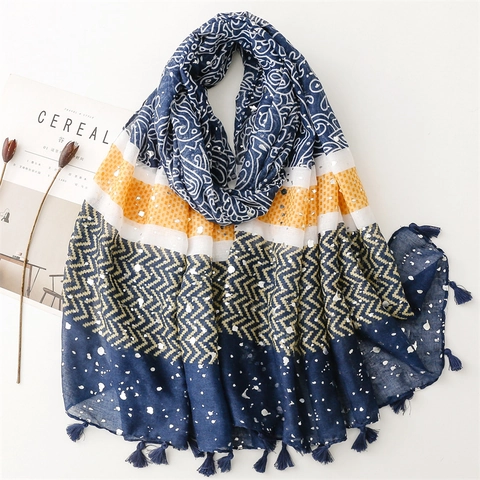 Women Fashion Scarf Shawl Polyester Paisley Geometric Print Silver Foil Dots Tassels Light Sun Protection Beach Wrap