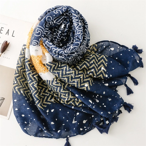 Women Fashion Scarf Shawl Polyester Paisley Geometric Print Silver Foil Dots Tassels Light Sun Protection Beach Wrap