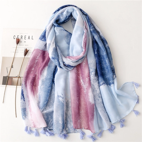 Écharpe Longue Femme Châle Dégradé Imprimé Aquarelle Gland Léger Respirant Satin Coton Polyester Protection Solaire Enveloppement Plage