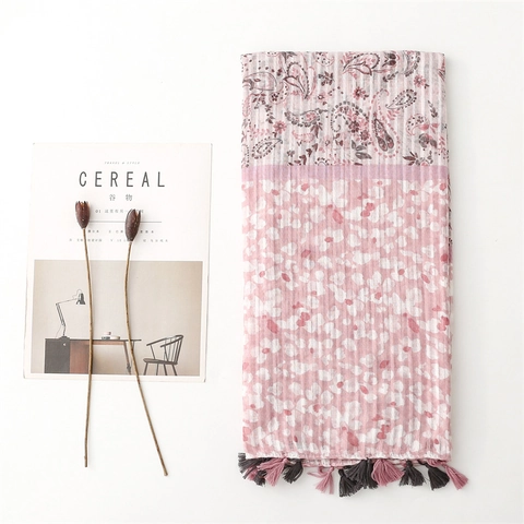 Écharpe Femme Imprimé Paisley Floral À Pompons Châle Léger Wrap Toucher Coton Polyester Accessoire Respirant