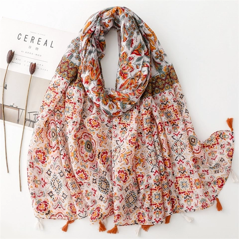 Chal Con Estampado Floral Étnico Bohemio Bufanda De Gasa Suave Con Borlas Protección Solar Accesorio Ligero Para Mujeres