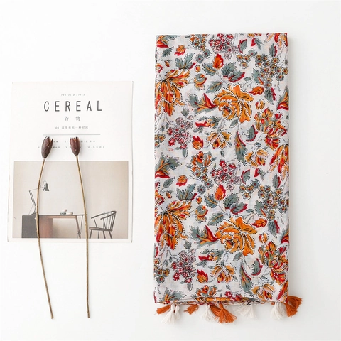 Chal Con Estampado Floral Étnico Bohemio Bufanda De Gasa Suave Con Borlas Protección Solar Accesorio Ligero Para Mujeres