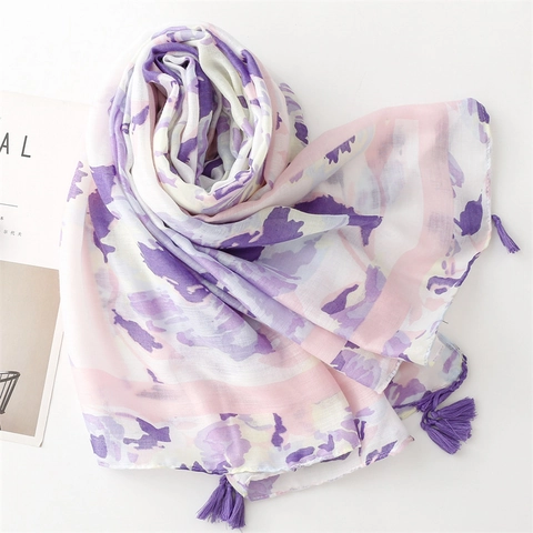 Women Long Floral Print Scarf Shawl With Tassels Soft Polyester Sateen Cotton Lightweight Wrap