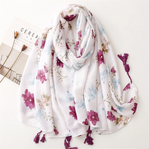 Écharpe Longue À Fleurs Pour Femmes Châle Avec Glands Polyester Voile Léger Protection Solaire Plage Bohème Élégant