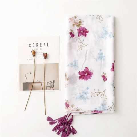 Écharpe Longue À Fleurs Pour Femmes Châle Avec Glands Polyester Voile Léger Protection Solaire Plage Bohème Élégant