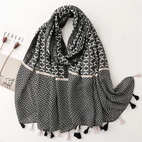 Sciarpa Di Moda Da Donna Scialle Poliestere Motivo Patchwork Geometrico Floreale Con Nappine Leggero Morbido Traspirante Accessorio Protezione Solare