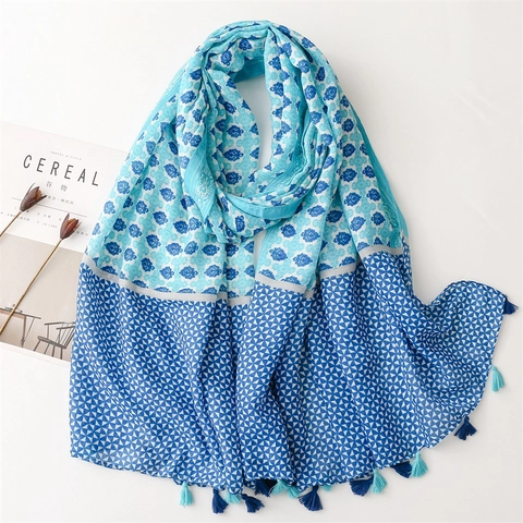 Sciarpa Di Moda Da Donna Scialle Poliestere Motivo Patchwork Geometrico Floreale Con Nappine Leggero Morbido Traspirante Accessorio Protezione Solare