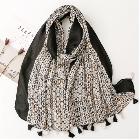 Women Soft Polyester Cotton-Linen Feel Scarf Long Floral Geometric Print Tassel Shawl Wrap Boho Sunscreen Breathable Large