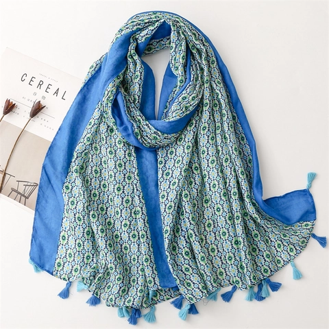 Women Soft Polyester Cotton-Linen Feel Scarf Long Floral Geometric Print Tassel Shawl Wrap Boho Sunscreen Breathable Large